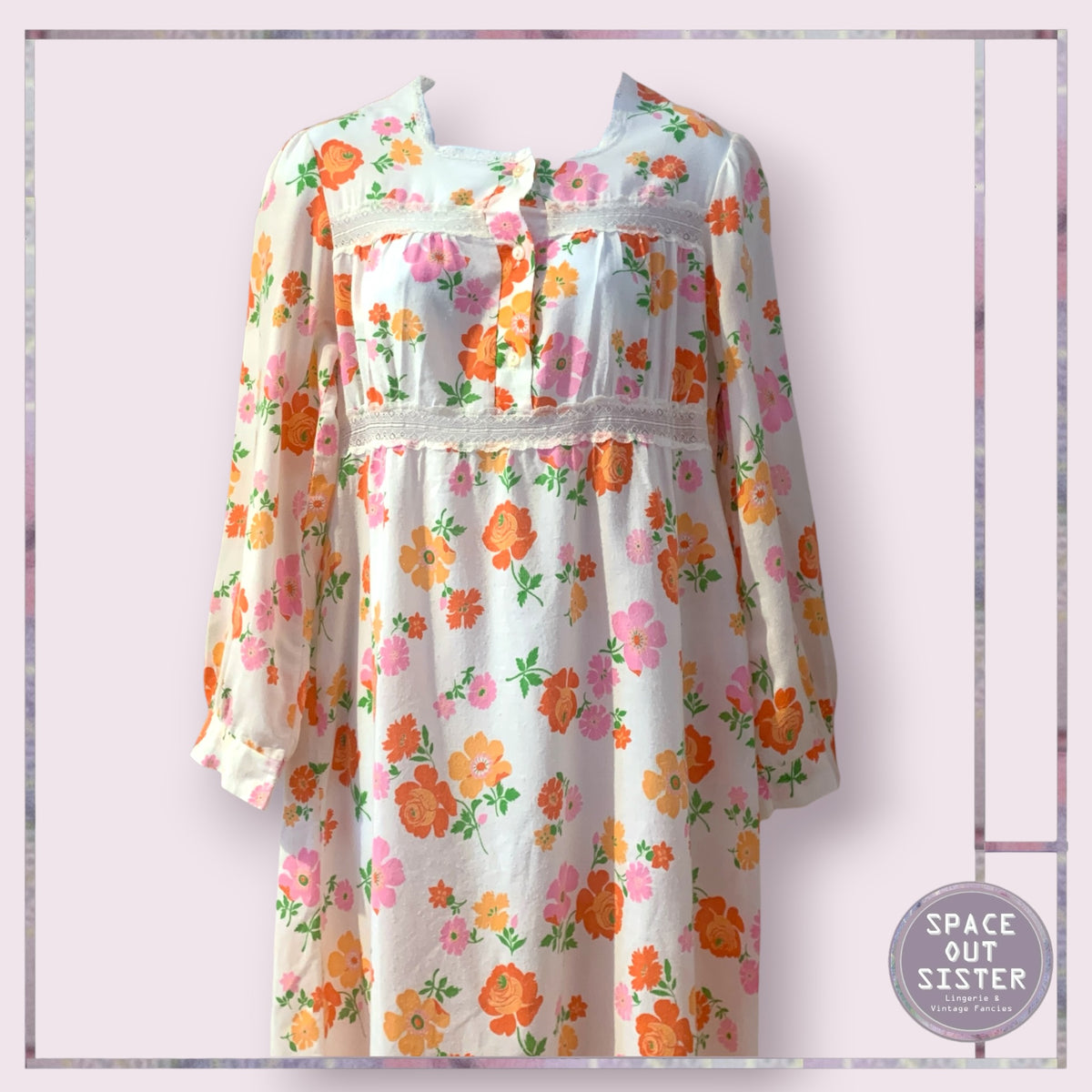 Vintage Orange & Pink Floral Nightdress Bust 34”