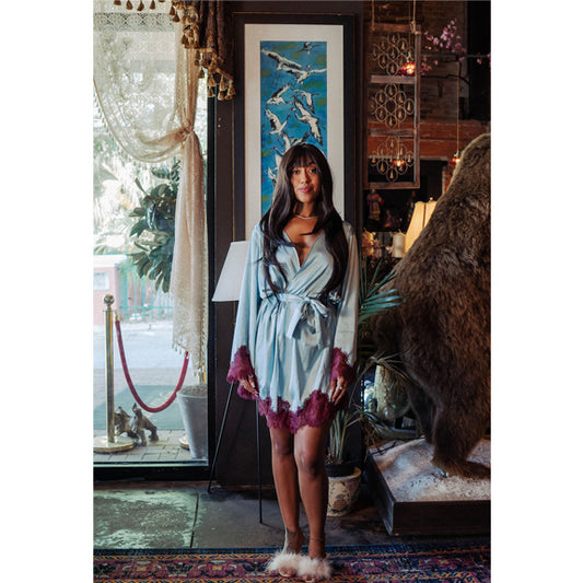 New Icy Blue & Pinot Satin Short Robe by Kilo Brava