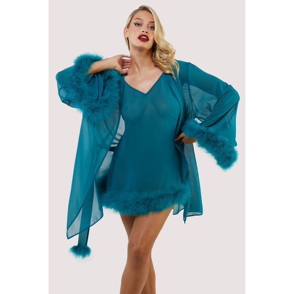 New Bettie Page Teal Feather Trim Babydoll
